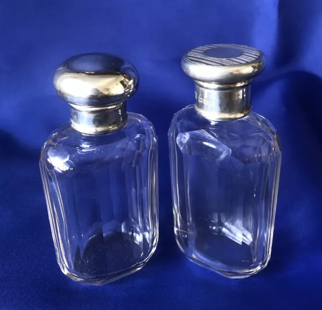 STERLING SILVER TOPPED VINTAGE PERFUME BOTTLES x 2 - HALLMARKED - 9 & 9.5cm TALL