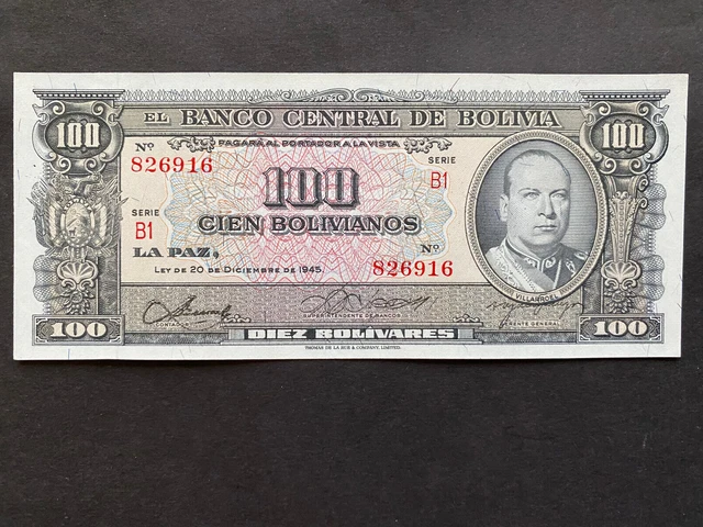 BOLIVIA, 1945, Billete Banco Central de Bolivia, 100 BOLIVIANOS, Serie B1, UNC