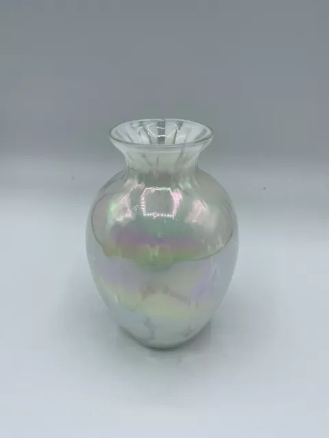 Art Glass Hand Blown Clear White Speckled Small Bud Vase Rainbow 4-3/4" Tall