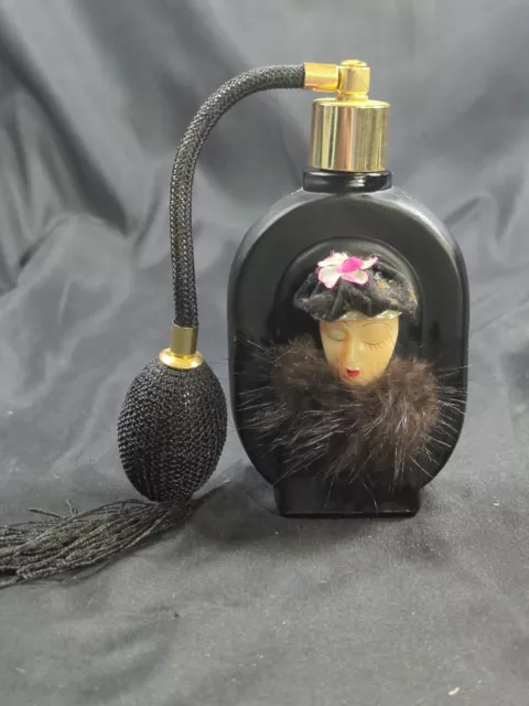 Vintage Price Products Black Glass Perfume Bottle Atomizer Lady Face Fur Collar