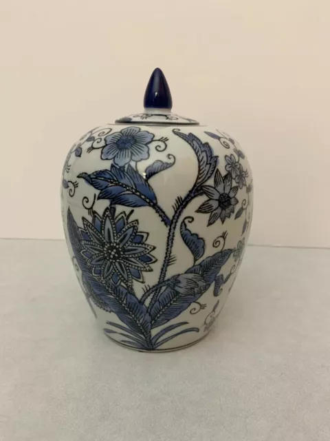 Pier 1 Imports - Vase or Urn - Blue Floral Pattern - Lidded - 8" Tall