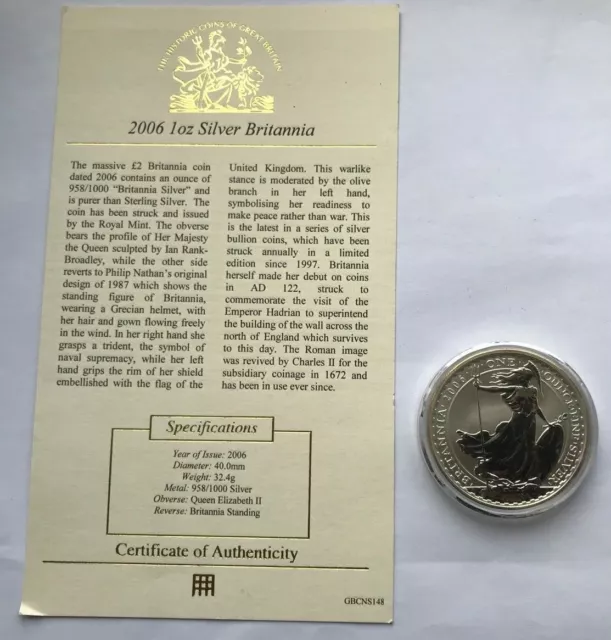 2006 Argent Britannia 1OZ 1 Once 0.9kg .958 Fin Pièce Argent Avec COA