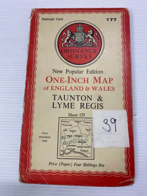 One Inch Ordnance Survey Map Sheet 177 Taunton & Lyme Regis  1946 Paper Vintage