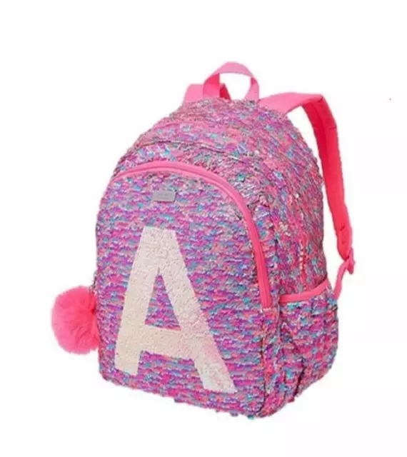 NWT Justice Girls Flip Pink Sequins Shaky Initial Full Size Backpack  T