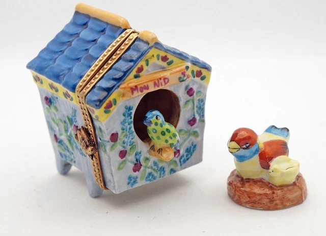 New French Limoges Trinket Box Floral Bird House & Removable Nest w Cute Birds