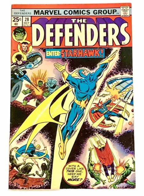 DEFENDERS #28 1975 8.5 VF+ 🔑 1st Starhawk