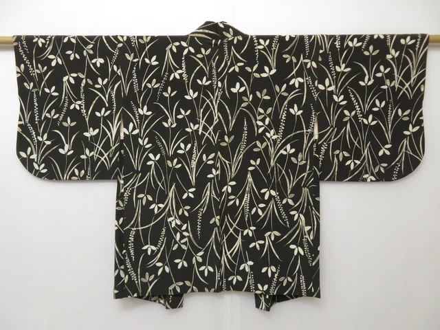 1331T01z520 Vintage Japanese Kimono Silk HAORI Black Plants