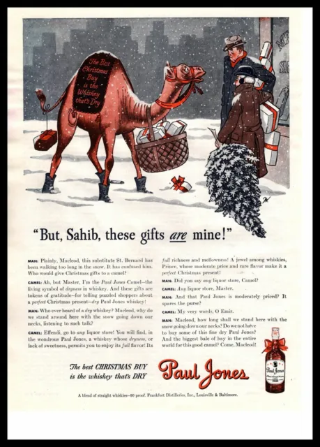 1943 Paul Jones Whiskey Camel Delivering Christmas Gifts Snow Tree Print Ad