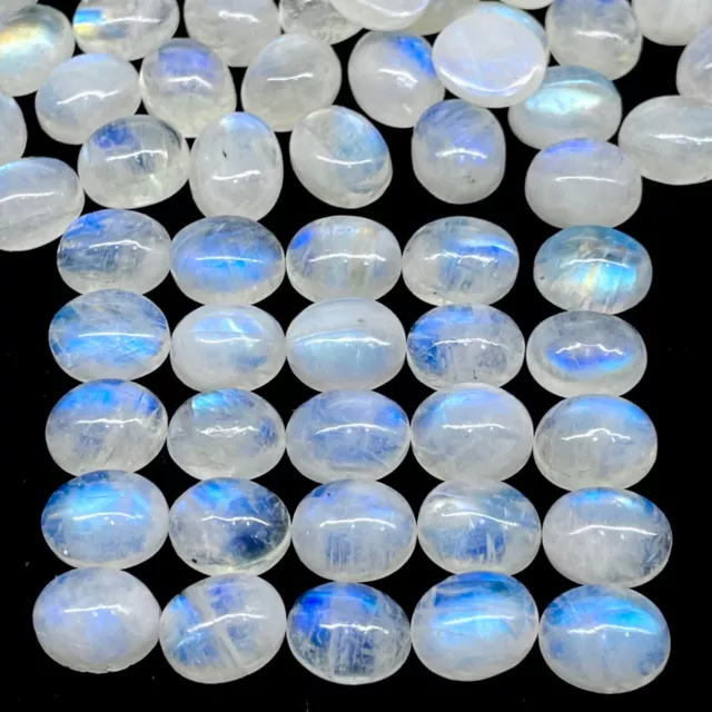 25 Pcs Natural Rainbow Moonstone 11x9mm Oval Blue Shines Cabochon Gemstones Lot 2