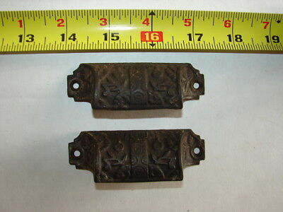 2 Antique Cast Iron Eastlake Victorian Bin Pulls - County Store - GC AS FOUND