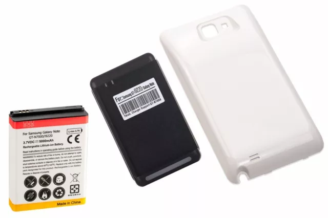 5000mAh Extended Battery + White Door + Wall Charger for Samsung Galaxy Note 1
