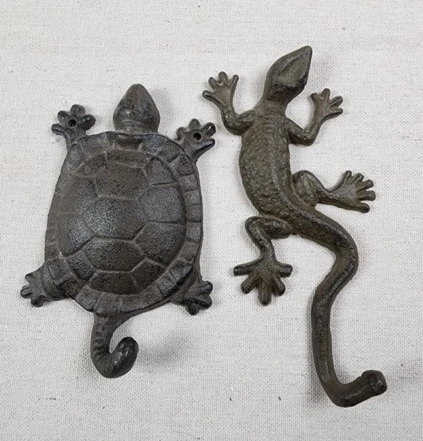 2 Cast Iron Gecko Turtle Wall Hooks Lizard Key Coat Towel Hanger Outdoor indoor