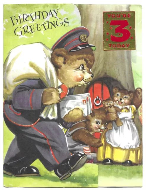 Vintage Birthday Greetings Card Pop Up / Standee Anthropomorphic Bears Postman