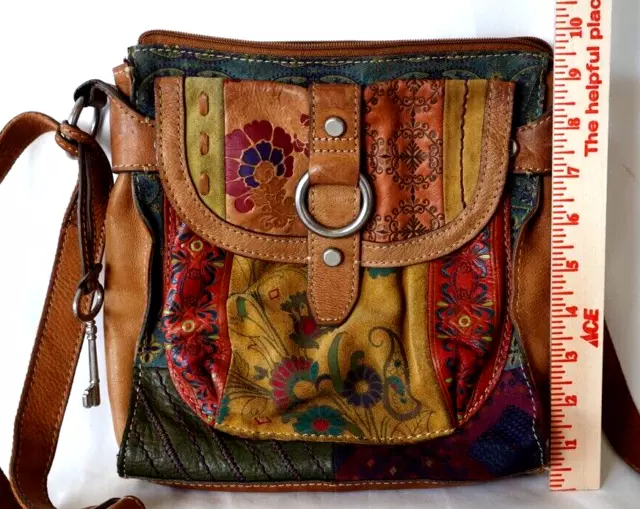 Fossil Vintage Floral Canvas Leather Crossbody Bag Adjustable Strap Multicolor