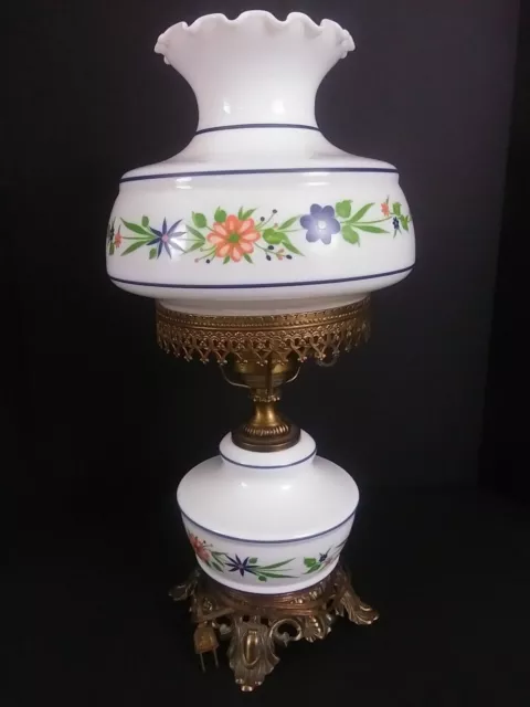 VTG GWTW Blue, Orange Floral Milk Glass Brass Hurricane Parlor Desk Lamp Light