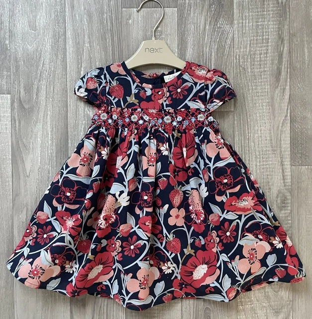 Next Baby Girls Navy Blue Red Pink Strawberry Floral Smocked Dress 6-9 Months