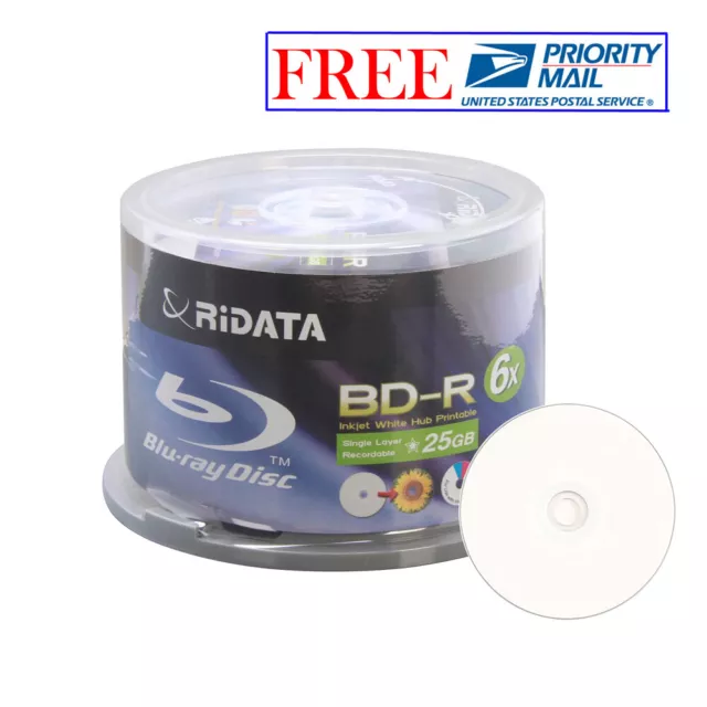 50 Ridata 6X BD-R 25GB Blu-ray White Inkjet Hub Printable Recordable Blank Disc