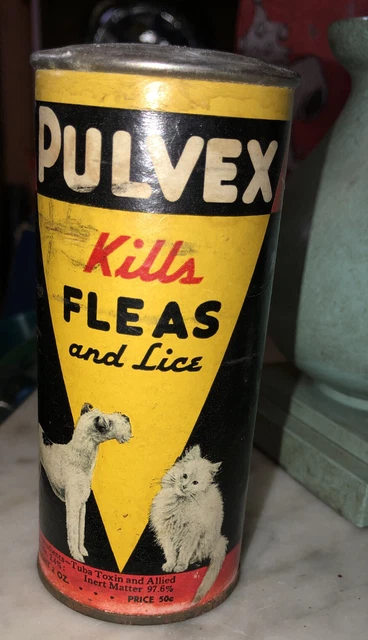 RARE vintage 1930s PULVEX Flea Powder container/tin/can old CAT AND DOG GRAPHICS