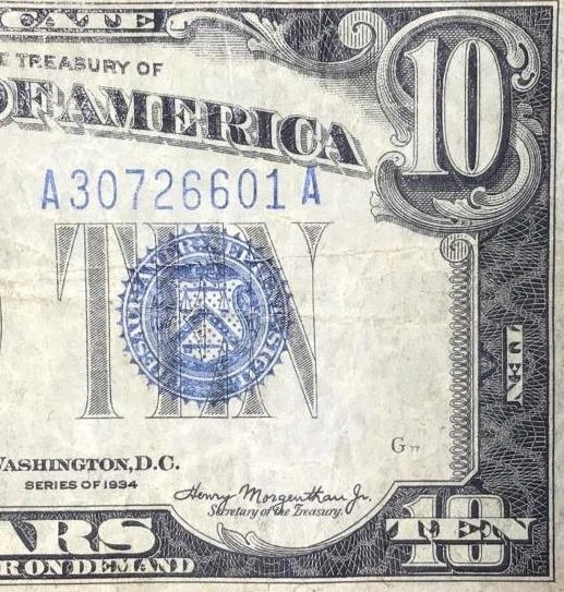 1934 $10 "Blue TEN" SILVER Certificate X6601! Paper Money Currency! FINE!