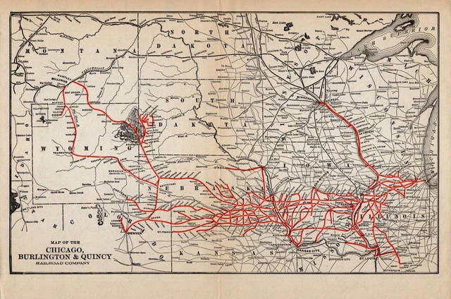 1926 Antique Chicago Burlington & Quincy Railroad Company Map Railway Map 627
