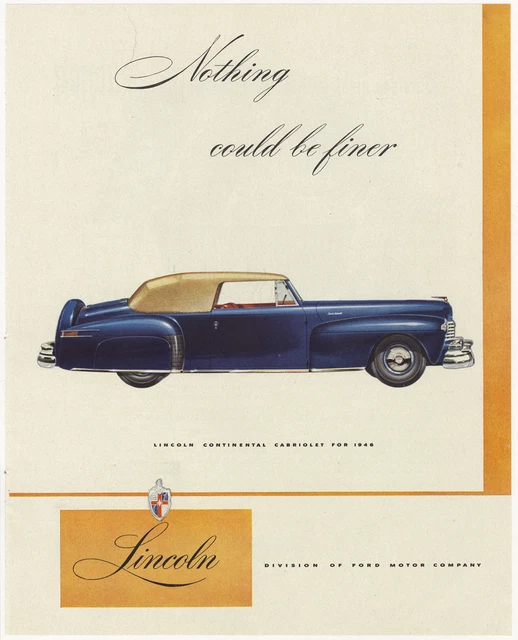 Ford Lincoln Continental Cabriolet 1946 Vintage Print Art Advertisement