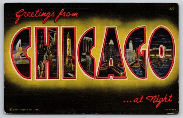 Chicago Illinois~Views At Night~Large Letter Vintage Linen Postcard