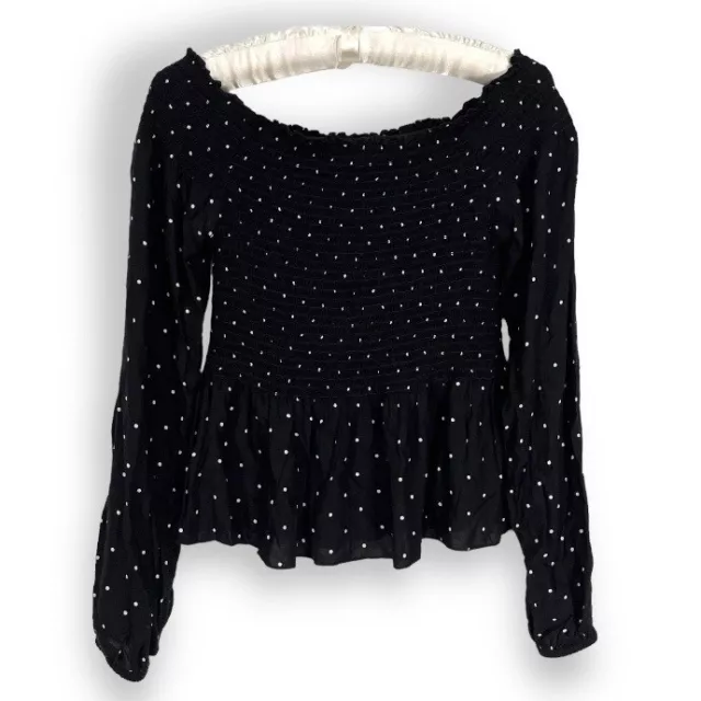 Japna Black Blouse White Polka Dot Off the Shoulder Smocked Long Sleeve Top Sz S