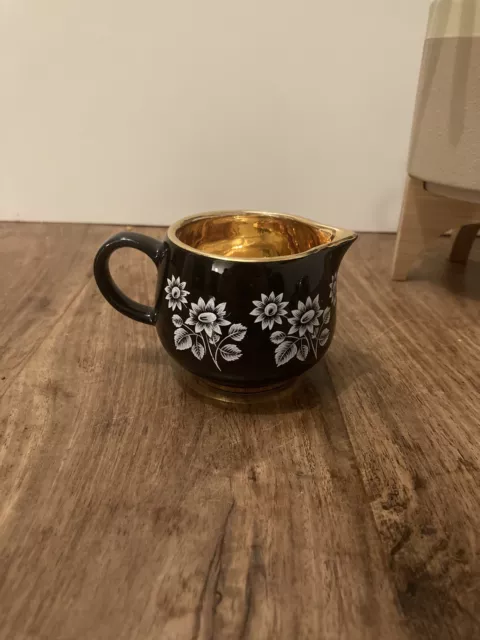 Small Black and Gold Jug And Bowl Prinknash Pottery With Delicate Floral Design 2