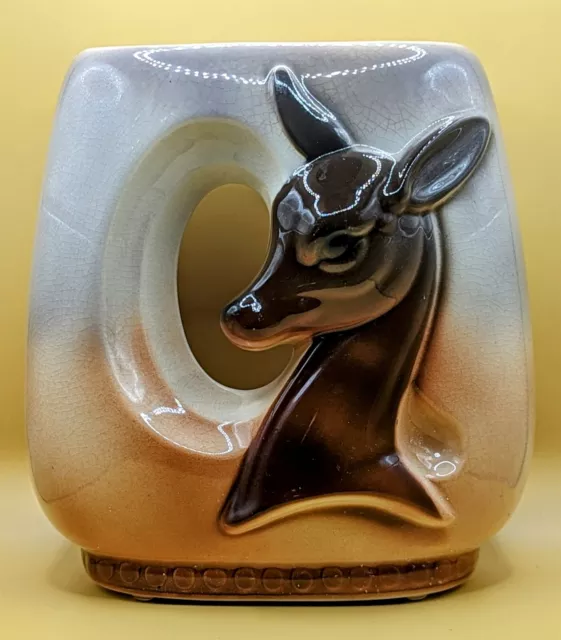 Vintage Royal Copley Ceramic Deer/Fawn Vase Planter U Shape Tan Ivory 7.25" Tall