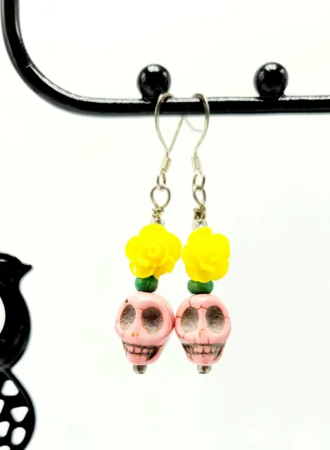 SkulDay Of The Dead Pink Drop Dangle Earrings W/ Yellow Roses Halloween