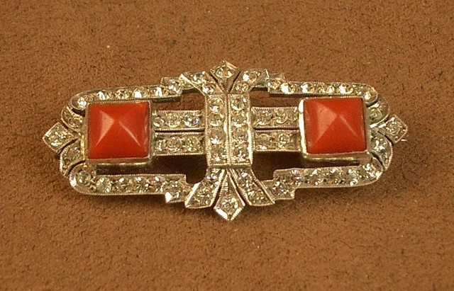 Broche Art Déco En Argent 925 Avec Cabochon De Nacre - Dimensions 35x22mm, Poids 5.8g, Fermoir Piston