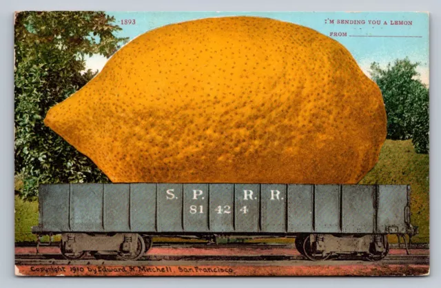 Postcard Novelty Exaggerated Lemon on Train Car Southern Pacific RR 1910 B629