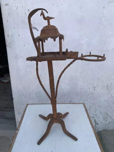 Antique Hand Forged Iron Lord Shiva Ling & Nandi Shrine Pot Diya Oil Lamp Stand