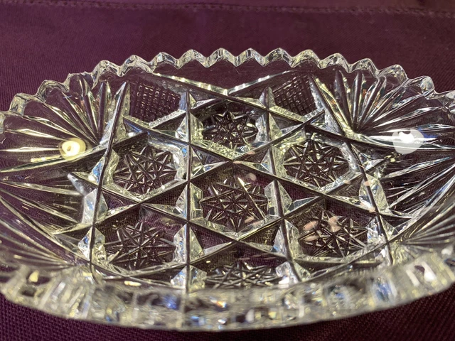 Small American Brilliant Cut Glass Oval Bowl Dish, Stars & Sawtooth Edge 4 5/8" 4
