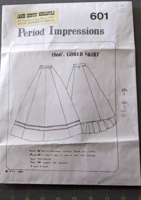 Civil War Period costume pattern-1860 gored skirt