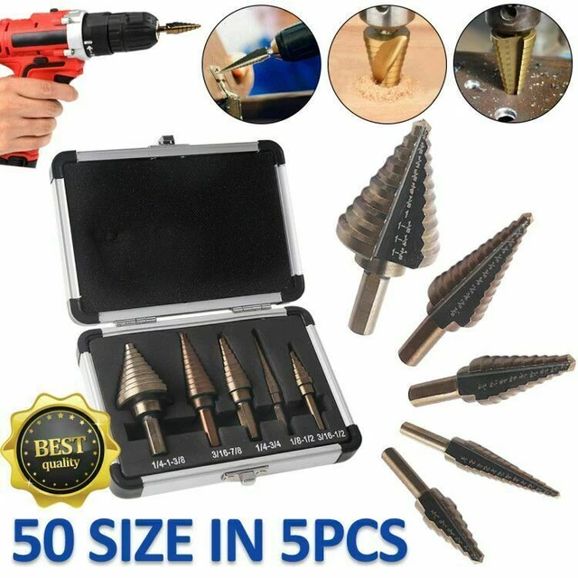 Drill Bits HSS Steel Step Cone 5pcs Titanium Set Hole Cutter+ Aluminum Case