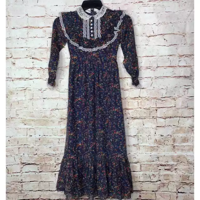 70s Girls Vintage Genway Prairie Dress Maxi Print Lace Collar Cottage Core Sz 6