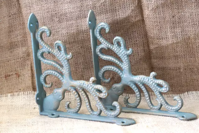 2 Cast Iron Octopus Brackets Nautical Garden Braces Shelf Corbels Ocean Book