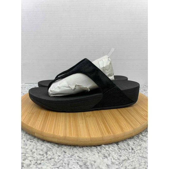 Fitflop Shimmy Thong Sandals Women 9 Black Leather T-Strap Toe-Post Wedge Casual