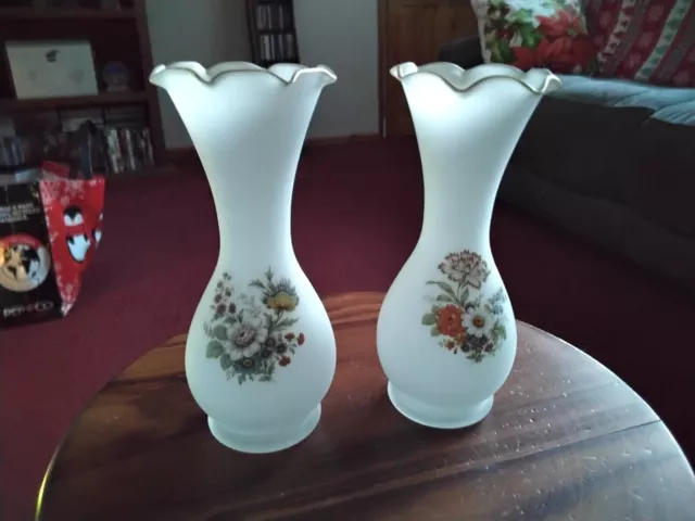 Pair Of Vintage White Satin Art Glass Hand Painted Vases With Different Flowers