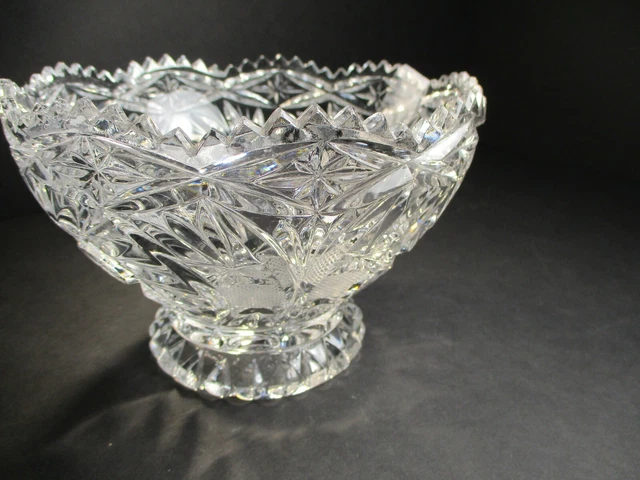 Vintage American Brilliant Period Cut Glass Bowl W/ Sawtooth Edge 10