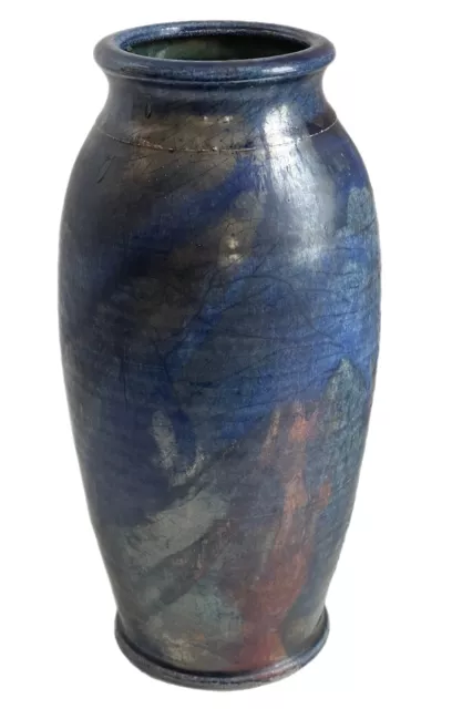 Vintage Studio Art Pottery Raku Iridescent Metallic Fired Vase Blue Signed 9.5”