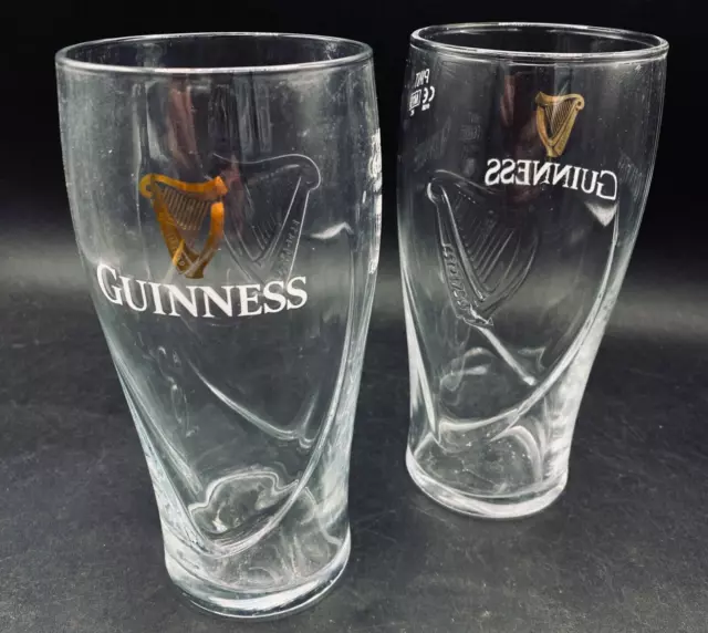 GUINNESS Pint Glass x 2 Irish Stout Embossed Harp Glasses Authentic Pub Issue