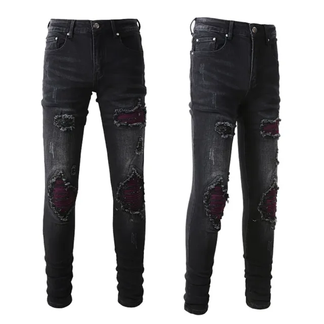 New Italy Pop Style Ripped Pants Purple Patchwork Skinny Fit Black Jeans AM1302C