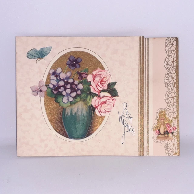 Vintage Deadstock 30s 40s Birthday Best Wishes Greetings Card Gilt Printed