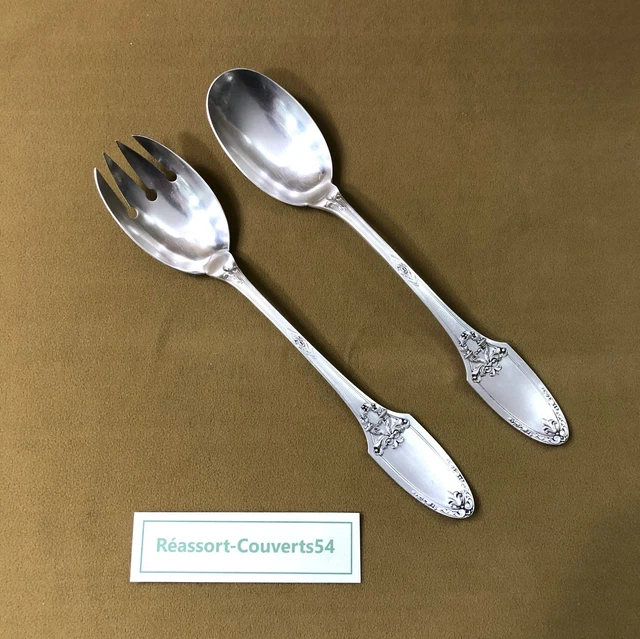 04k26 Ancien Couvert Service a Salade En Metal Argente Modele Victoria