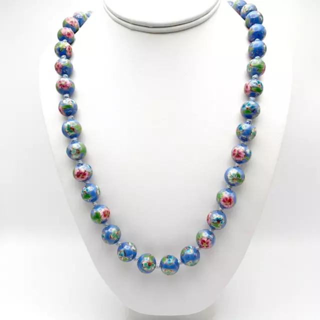 Vintage Blue Cloisonne Hand Knotted Bead Necklace Chinese Export 24" 12mm Lovely