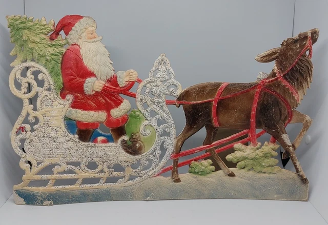 Antique Large German Die Cut Embossed Cardboard Santa Sleigh With Reindeer