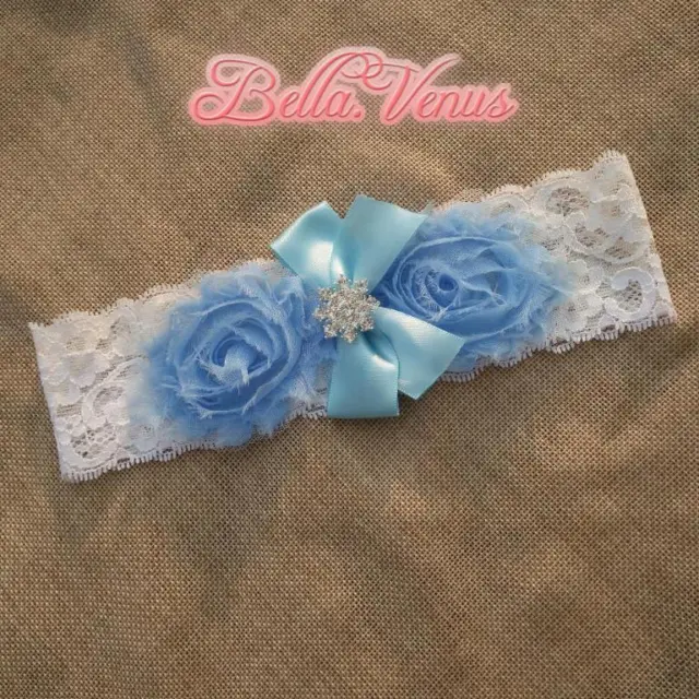 Vintage White Lace Wedding Bridal Garter Blue Flowers Plus Size