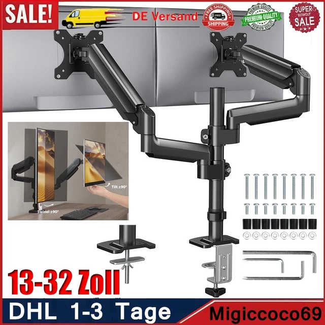 Doppel-Monitorhalterung Mit Gasdruckfeder – Für 2 Bildschirme Bis 32 Zoll, Neigbar, VESA 100x100 Mm